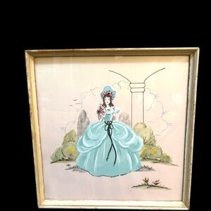 Vintage MCM Watercolor Painting Victorian Woman Signed Glass Frame 1940's/1950's